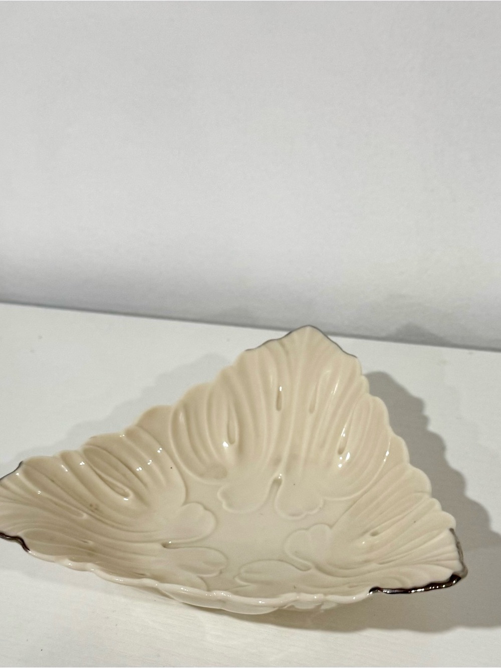 Vintage Lenox Special Ivory Leaf Shell Trinket Dish Silver Trim USA